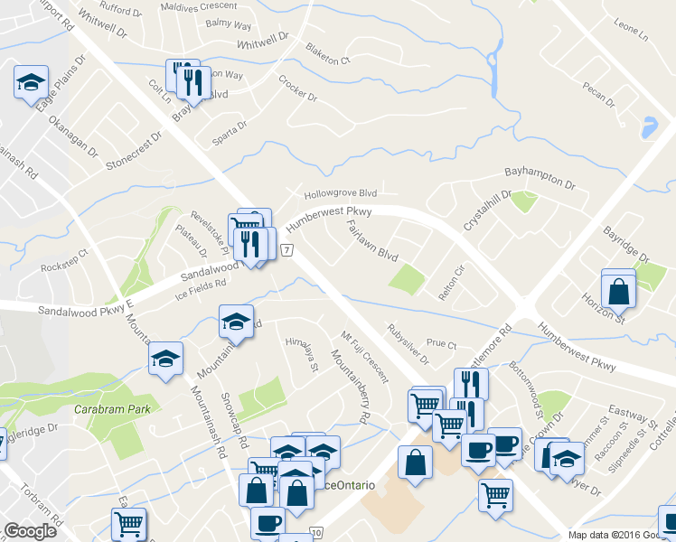 map of restaurants, bars, coffee shops, grocery stores, and more near 30 Ridgefield Court in Brampton