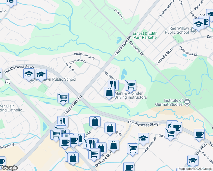 map of restaurants, bars, coffee shops, grocery stores, and more near 19 Penstock Street in Brampton