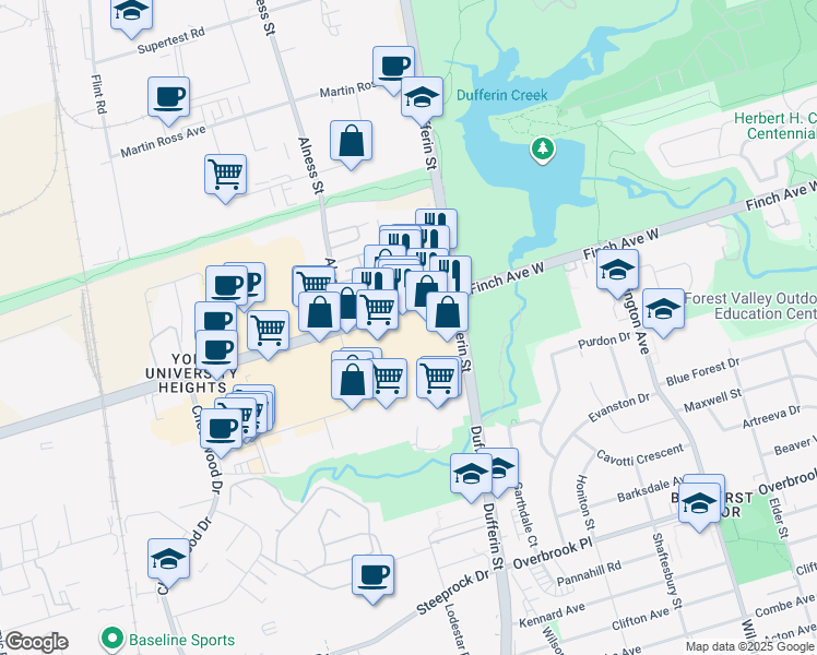 map of restaurants, bars, coffee shops, grocery stores, and more near 1001 Finch Avenue West in Toronto