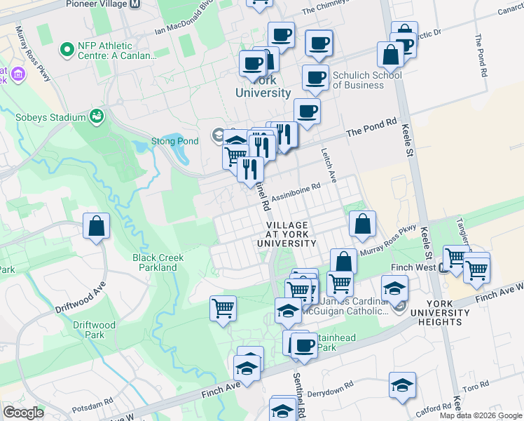 map of restaurants, bars, coffee shops, grocery stores, and more near 654 Sentinel Road in Toronto