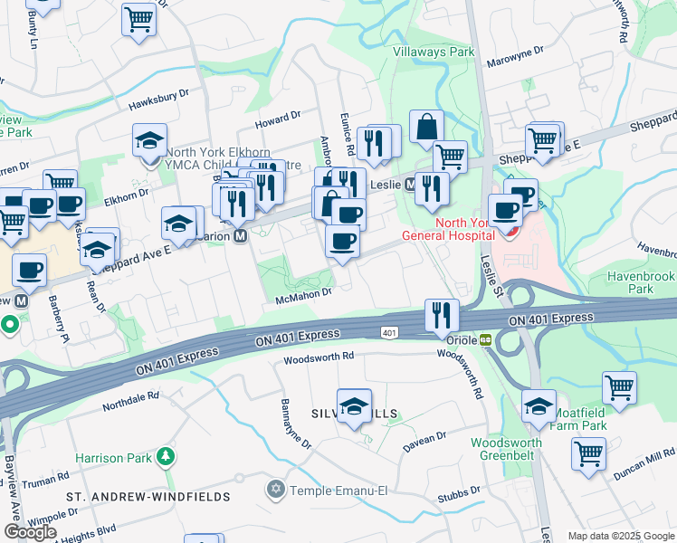 map of restaurants, bars, coffee shops, grocery stores, and more near 1019 Sheppard Avenue East in Toronto
