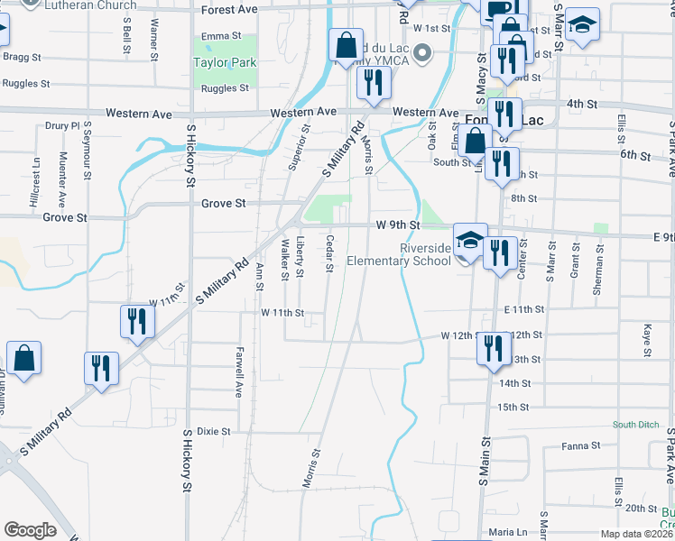 map of restaurants, bars, coffee shops, grocery stores, and more near 383 Cedar Street in Fond du Lac