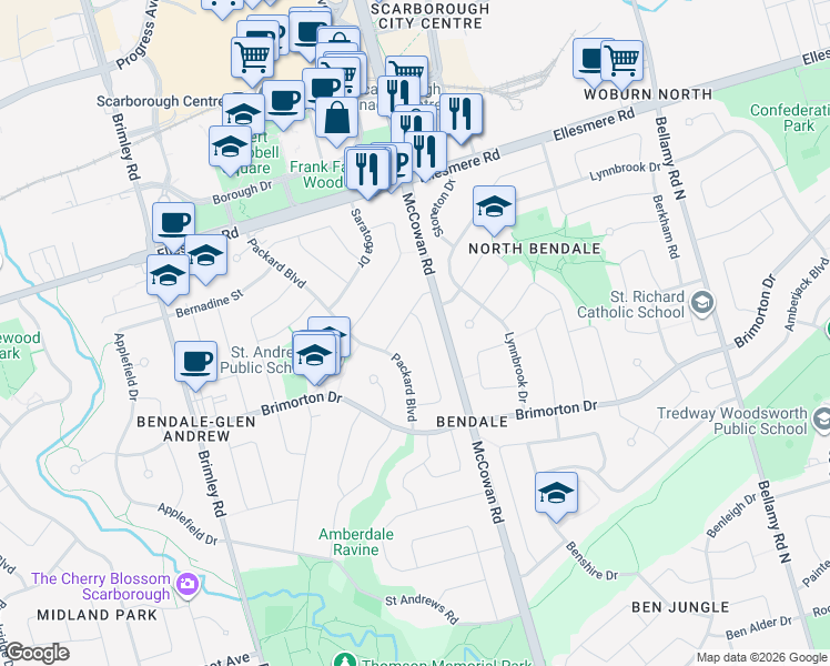 map of restaurants, bars, coffee shops, grocery stores, and more near 46 Flintwick Drive in Toronto