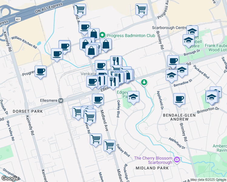map of restaurants, bars, coffee shops, grocery stores, and more near in Toronto