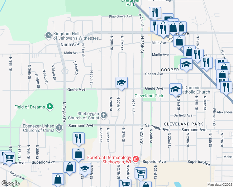 map of restaurants, bars, coffee shops, grocery stores, and more near 2732 Geele Avenue in Sheboygan