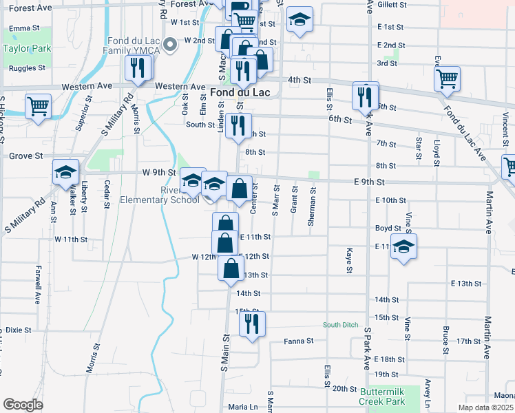 map of restaurants, bars, coffee shops, grocery stores, and more near 369 Center Street in Fond du Lac