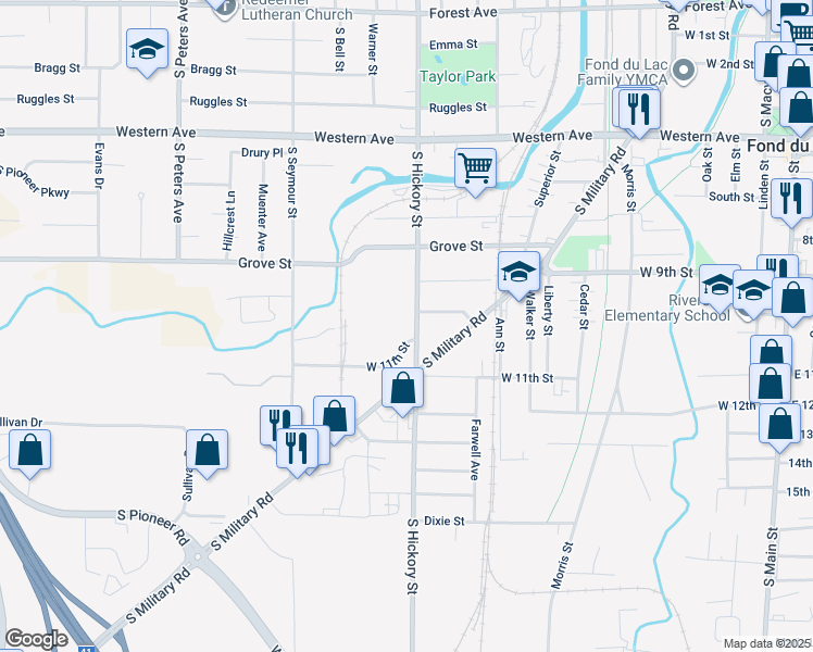 map of restaurants, bars, coffee shops, grocery stores, and more near 374 South Hickory Street in Fond du Lac