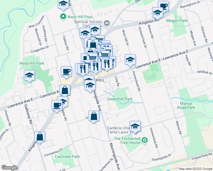 map of restaurants, bars, coffee shops, grocery stores, and more near 90 Ling Road in Toronto