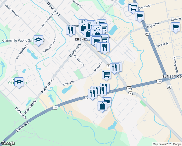 map of restaurants, bars, coffee shops, grocery stores, and more near in Brampton