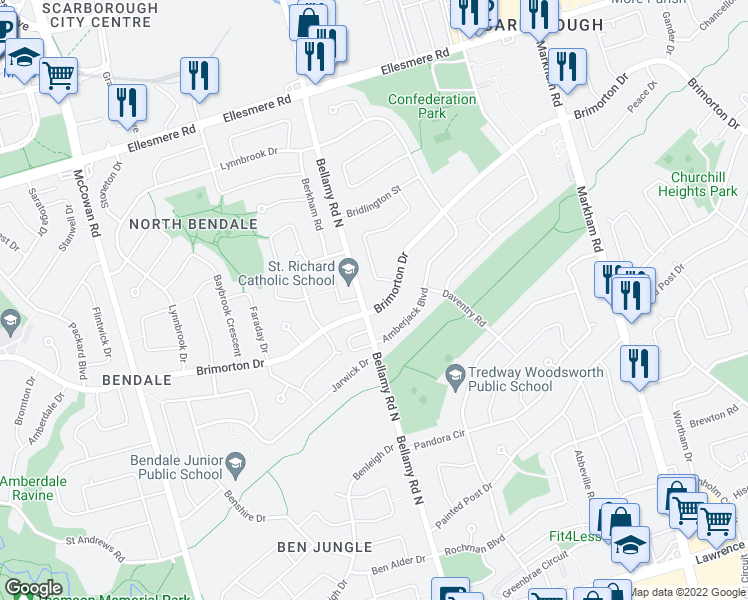 map of restaurants, bars, coffee shops, grocery stores, and more near 402 Brimorton Drive in Toronto