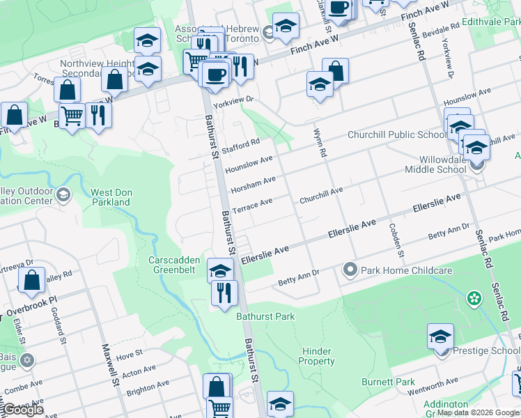map of restaurants, bars, coffee shops, grocery stores, and more near 27 Terrace Avenue in Toronto