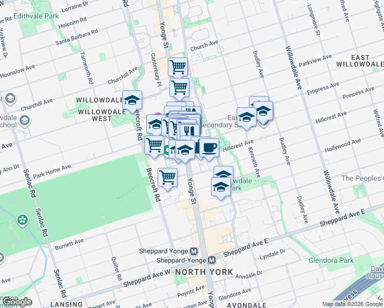 map of restaurants, bars, coffee shops, grocery stores, and more near 5095 Yonge Street in Toronto