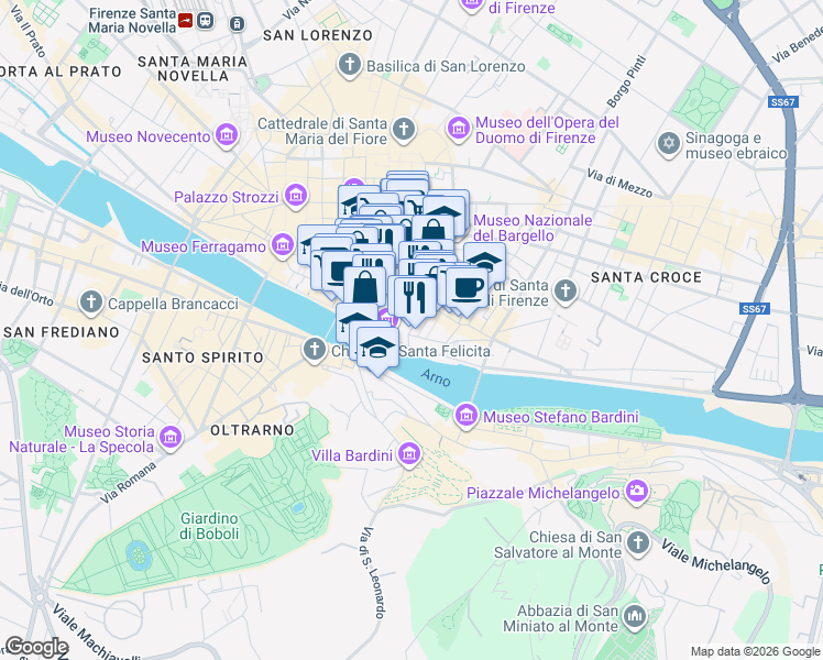 map of restaurants, bars, coffee shops, grocery stores, and more near 4 Via dei Castellani in Florence