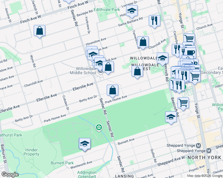 map of restaurants, bars, coffee shops, grocery stores, and more near 172 Betty Ann Drive in Toronto