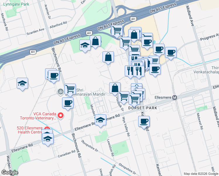 map of restaurants, bars, coffee shops, grocery stores, and more near 40 Dundalk Drive in Toronto