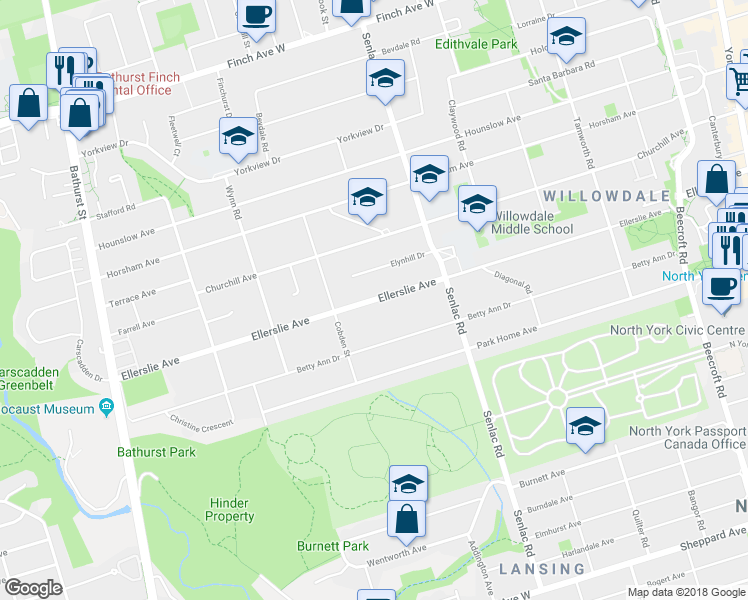 map of restaurants, bars, coffee shops, grocery stores, and more near 316 Ellerslie Avenue in Toronto