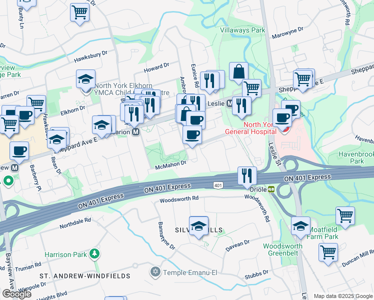 map of restaurants, bars, coffee shops, grocery stores, and more near 40 Esther Shiner Boulevard in Toronto