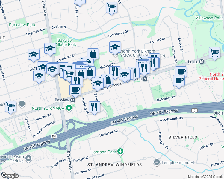 map of restaurants, bars, coffee shops, grocery stores, and more near 678D Sheppard Avenue East in Toronto