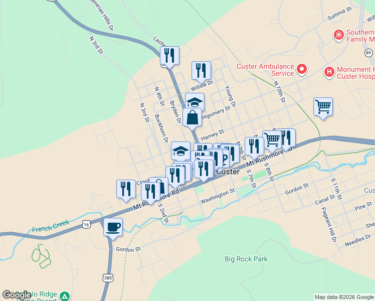 map of restaurants, bars, coffee shops, grocery stores, and more near 445-499 Harney St in Custer