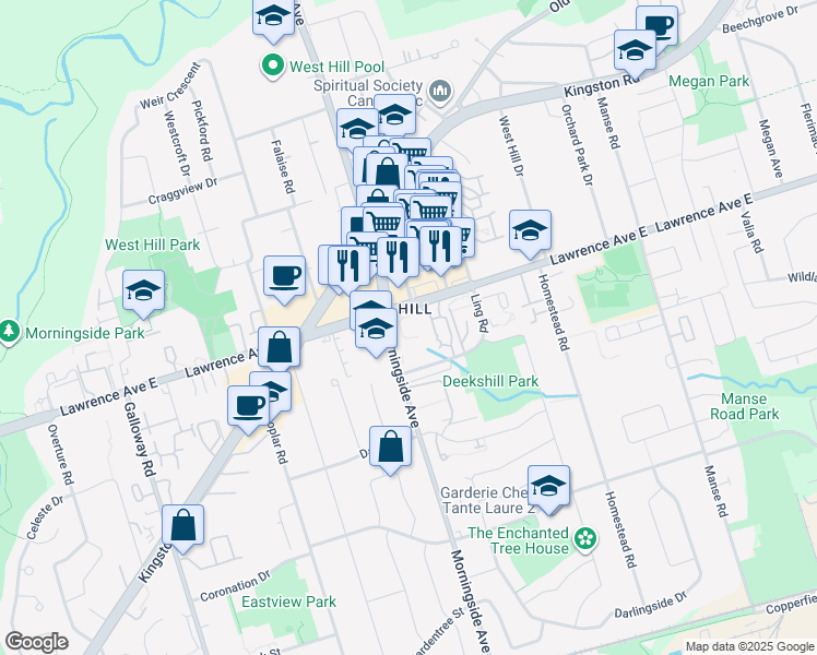 map of restaurants, bars, coffee shops, grocery stores, and more near 4205 Lawrence Avenue East in Toronto