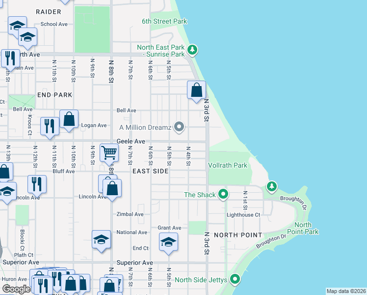 map of restaurants, bars, coffee shops, grocery stores, and more near 426 Geele Avenue in Sheboygan