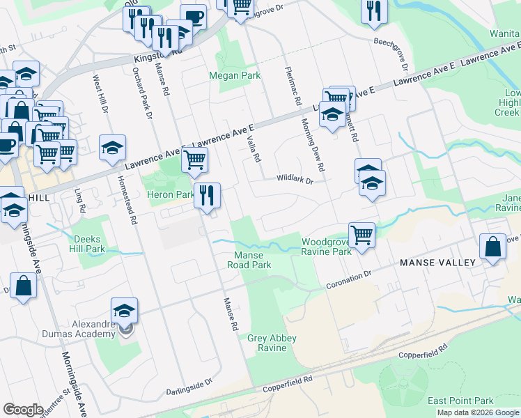 map of restaurants, bars, coffee shops, grocery stores, and more near 44 Melchior Drive in Toronto