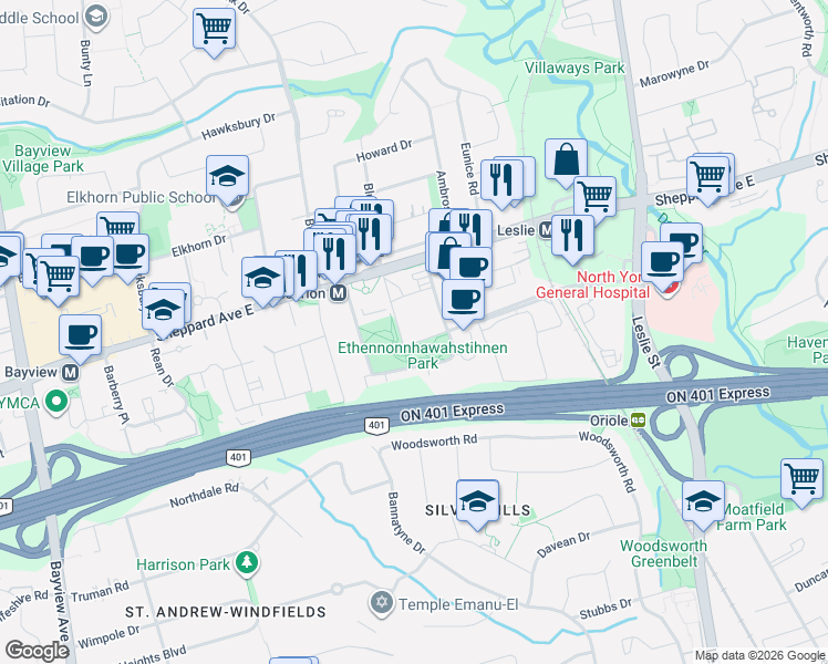 map of restaurants, bars, coffee shops, grocery stores, and more near 1019 Sheppard Avenue East in Toronto