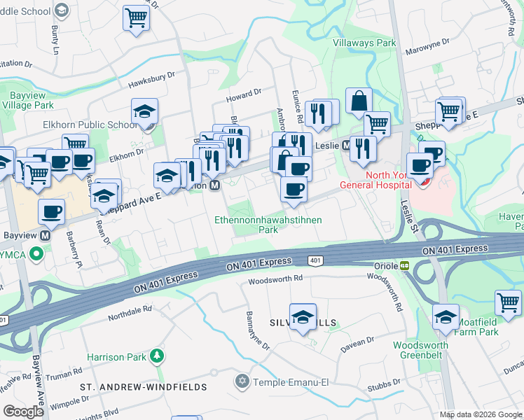 map of restaurants, bars, coffee shops, grocery stores, and more near 1019 Sheppard Avenue East in Toronto