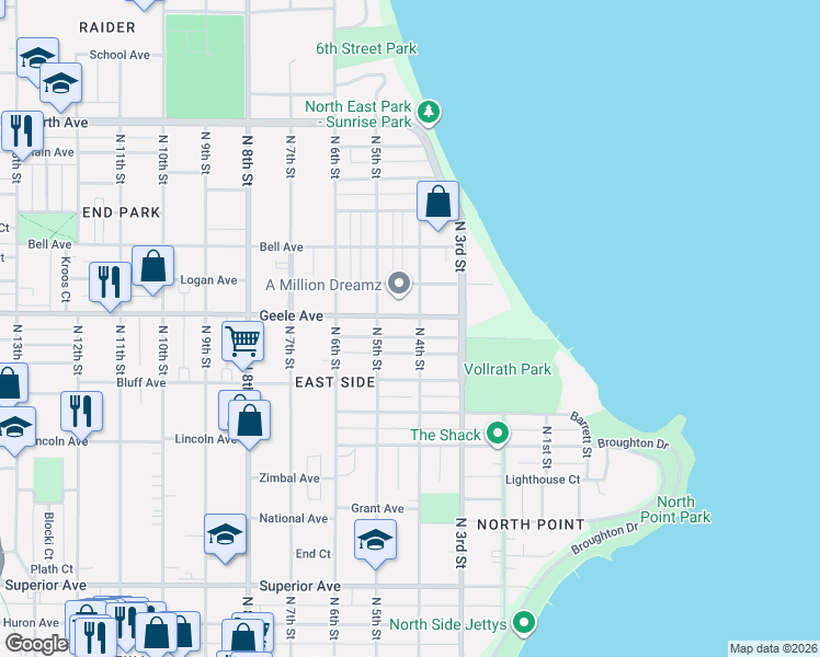 map of restaurants, bars, coffee shops, grocery stores, and more near 426 Geele Avenue in Sheboygan