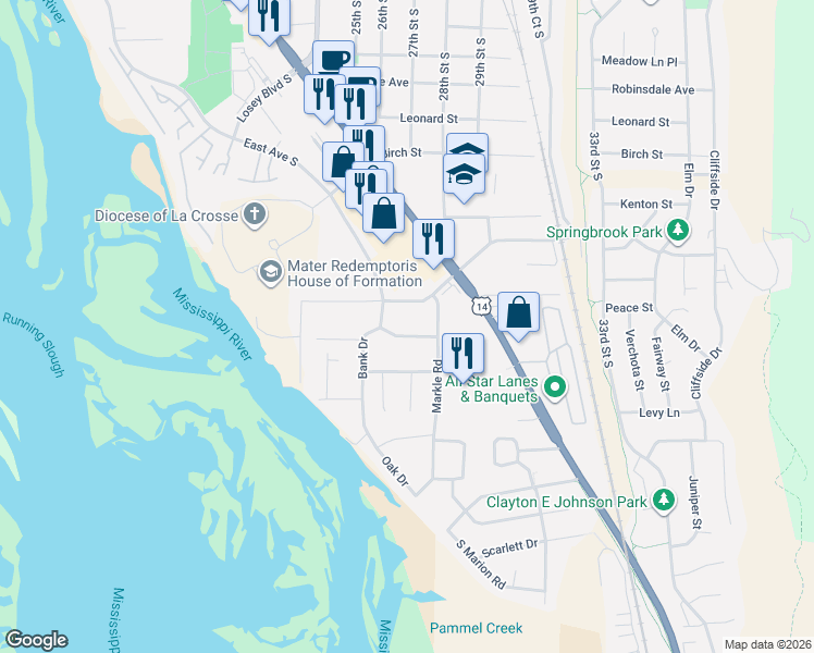 map of restaurants, bars, coffee shops, grocery stores, and more near 4003 Bank Drive in La Crosse