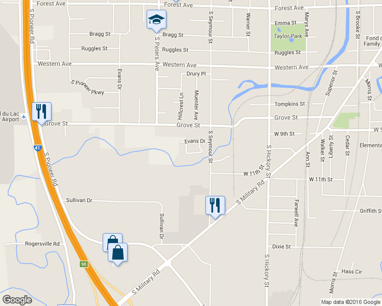 map of restaurants, bars, coffee shops, grocery stores, and more near 560 Evans Drive in Fond du Lac