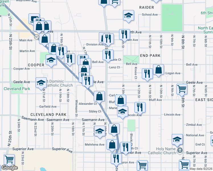 map of restaurants, bars, coffee shops, grocery stores, and more near 2201 North 15th Street in Sheboygan
