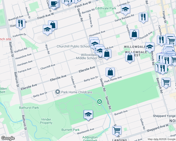 map of restaurants, bars, coffee shops, grocery stores, and more near 293 Ellerslie Avenue in Toronto