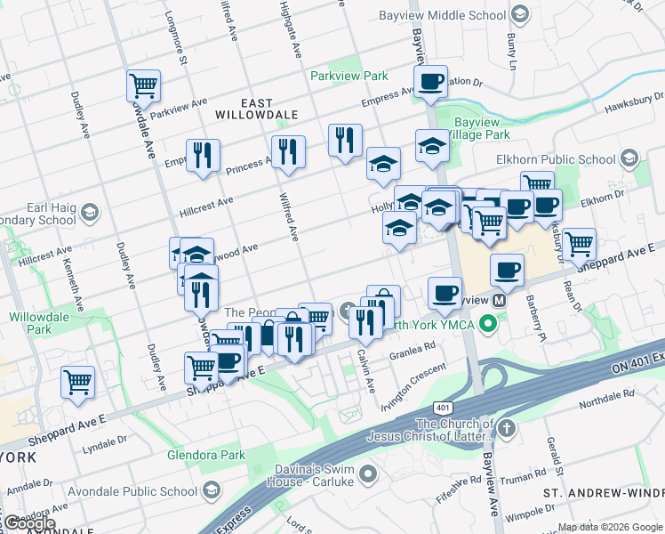 map of restaurants, bars, coffee shops, grocery stores, and more near in Toronto