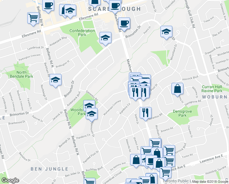 map of restaurants, bars, coffee shops, grocery stores, and more near 178 Sedgemount Drive in Toronto