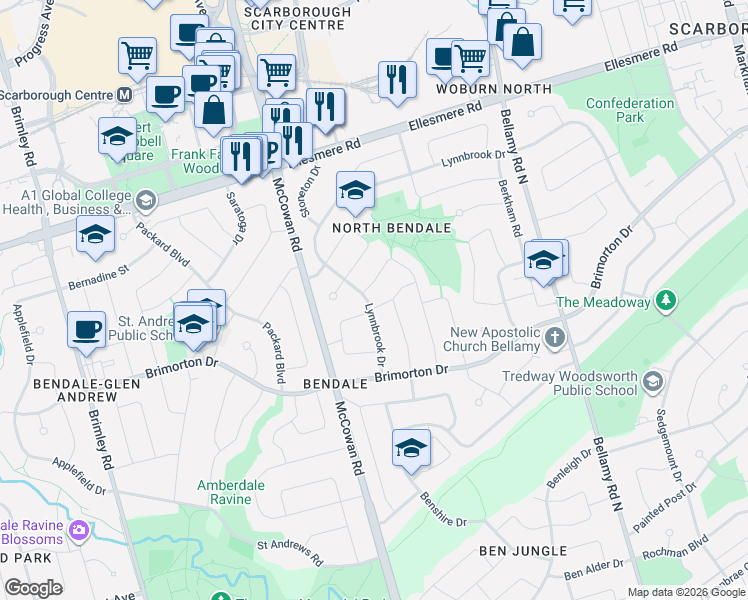 map of restaurants, bars, coffee shops, grocery stores, and more near 37 Lynnbrook Drive in Toronto