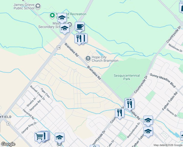 map of restaurants, bars, coffee shops, grocery stores, and more near 11532 Bramalea Road in Brampton