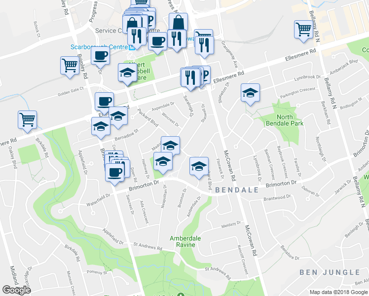 map of restaurants, bars, coffee shops, grocery stores, and more near 1 Stanwell Drive in Toronto