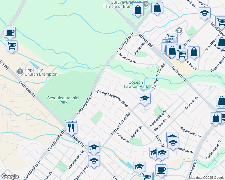map of restaurants, bars, coffee shops, grocery stores, and more near 5 Finlayson Crescent in Brampton