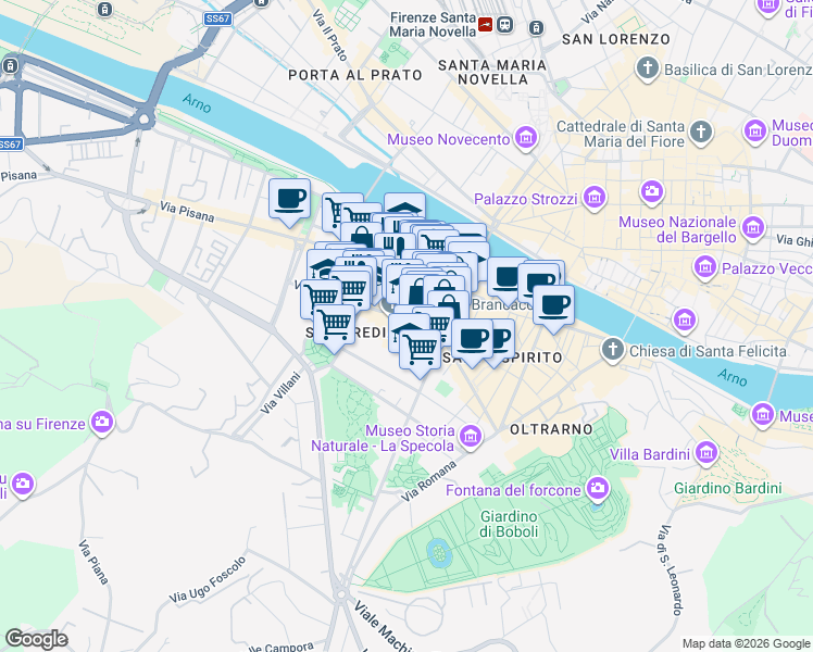 map of restaurants, bars, coffee shops, grocery stores, and more near 57 Via Santa Monaca in Firenze