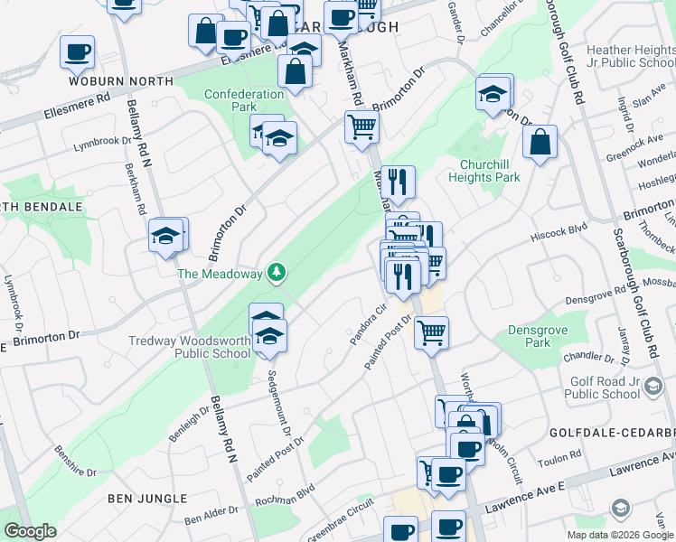 map of restaurants, bars, coffee shops, grocery stores, and more near 178 Sedgemount Drive in Toronto