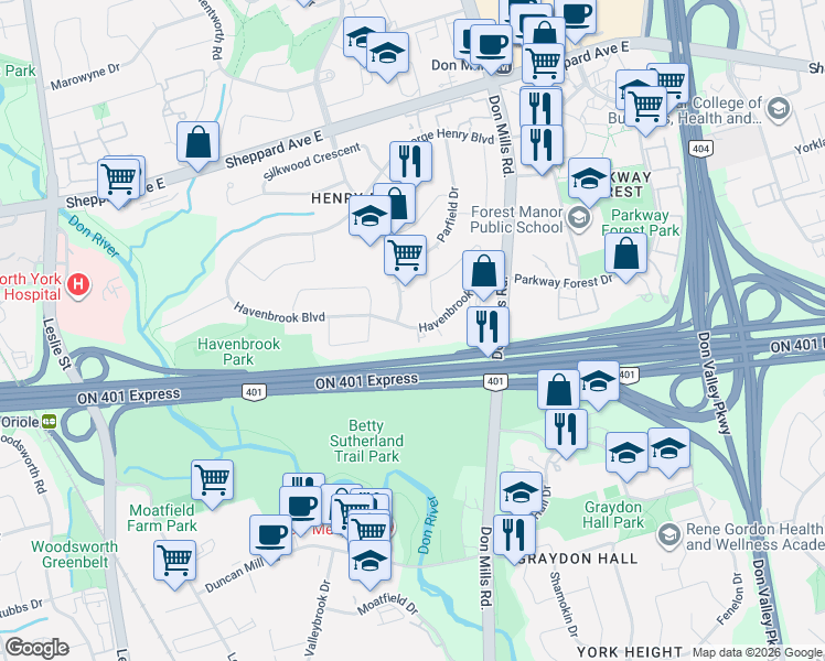 map of restaurants, bars, coffee shops, grocery stores, and more near 63 Havenbrook Boulevard in Toronto