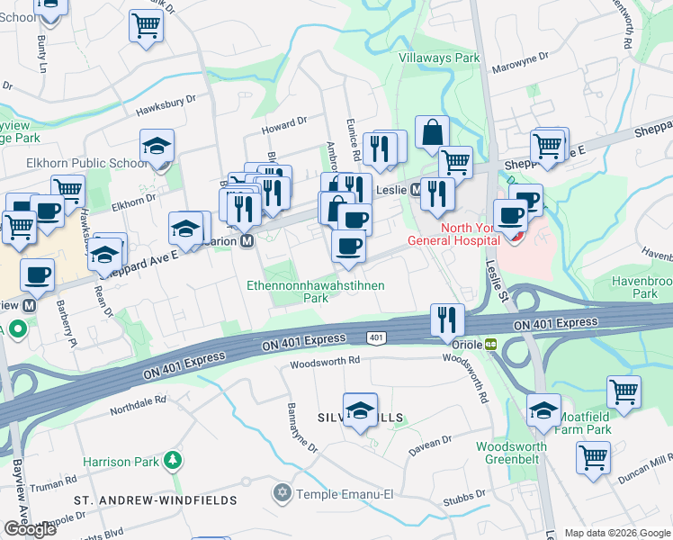 map of restaurants, bars, coffee shops, grocery stores, and more near 72 Esther Shiner Boulevard in Toronto