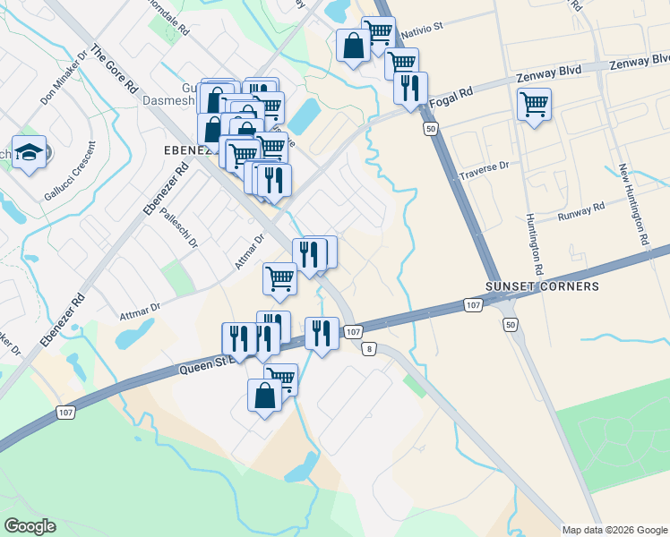 map of restaurants, bars, coffee shops, grocery stores, and more near 15 Skyridge Drive in Brampton