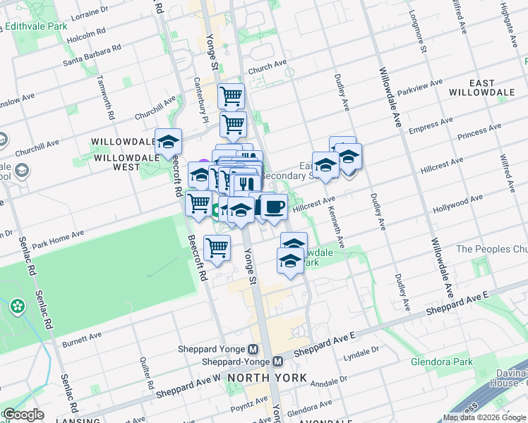 map of restaurants, bars, coffee shops, grocery stores, and more near 18 Hillcrest Avenue in Toronto