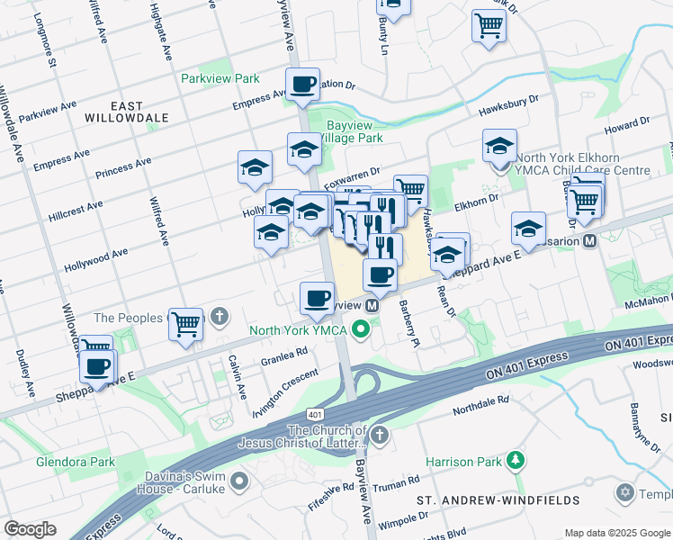 map of restaurants, bars, coffee shops, grocery stores, and more near 2885 Bayview Avenue in Toronto