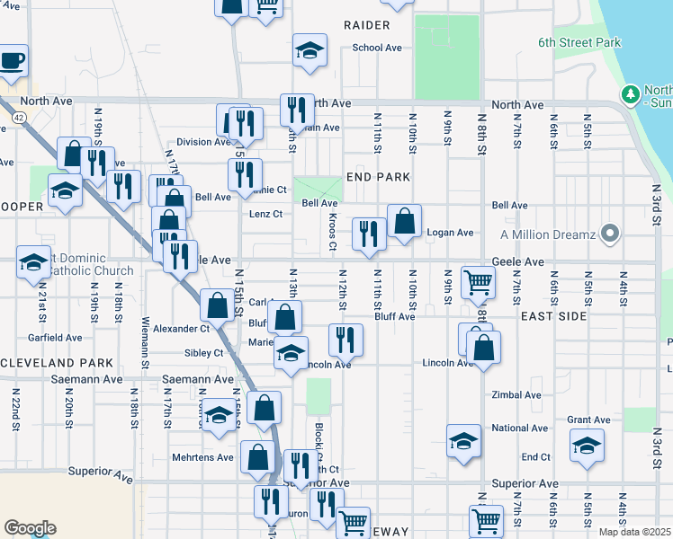 map of restaurants, bars, coffee shops, grocery stores, and more near in Sheboygan