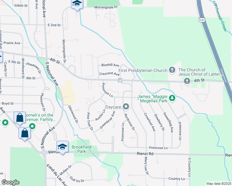 map of restaurants, bars, coffee shops, grocery stores, and more near 374 Rockrose Drive in Fond du Lac