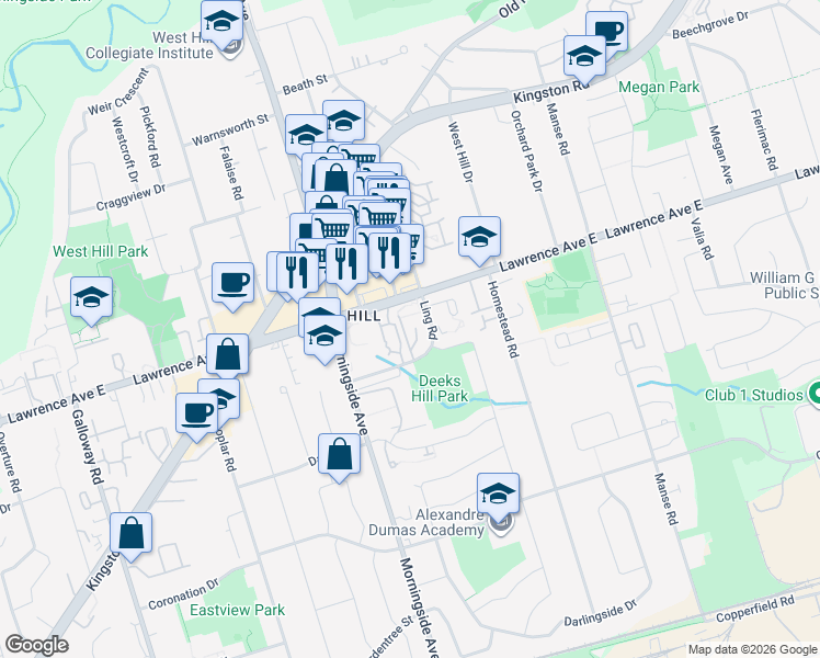 map of restaurants, bars, coffee shops, grocery stores, and more near 110 Ling Road in Toronto