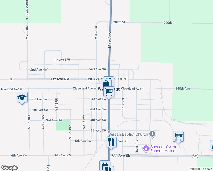 map of restaurants, bars, coffee shops, grocery stores, and more near 36 Main Street North in Winnebago
